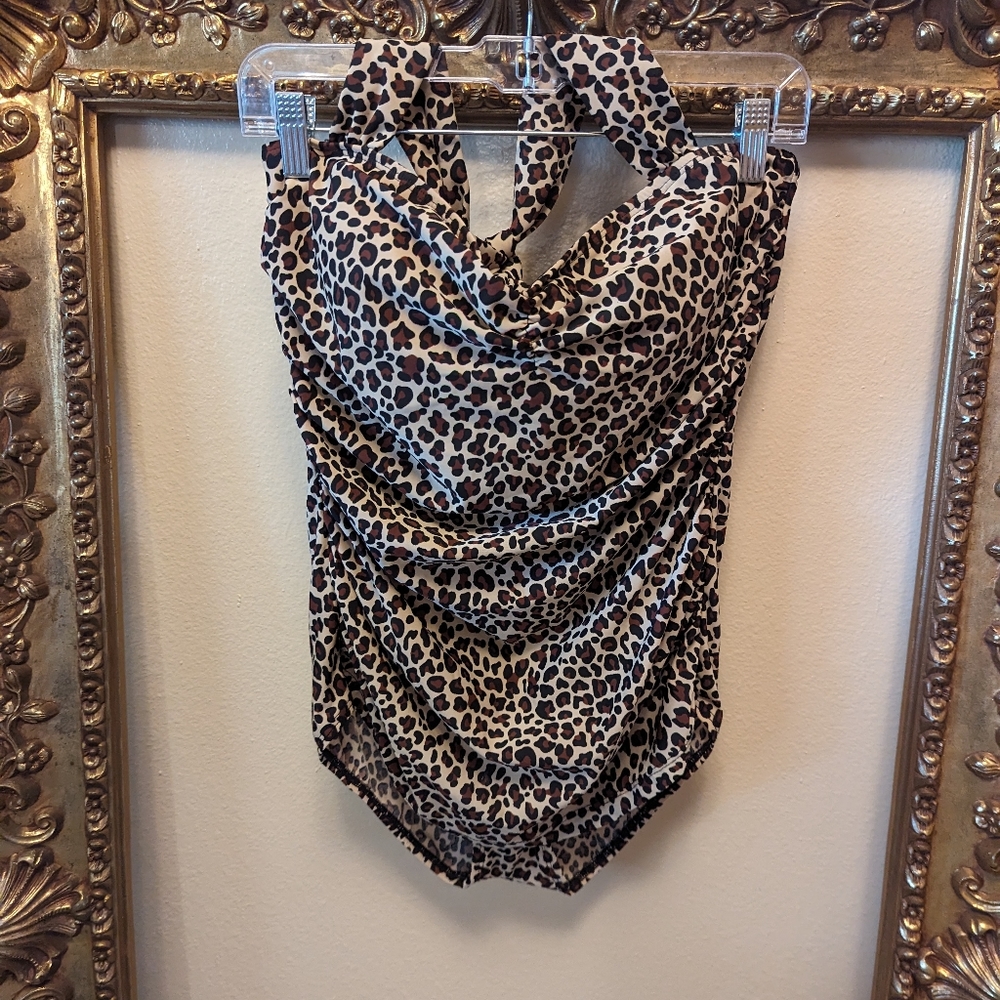 VINTAGE ESTHER WILLIAMS LEOPARD PRINT RUCHED HALTER ONE PIECE PIN UP  SZ 16 W - Picture 2 of 12